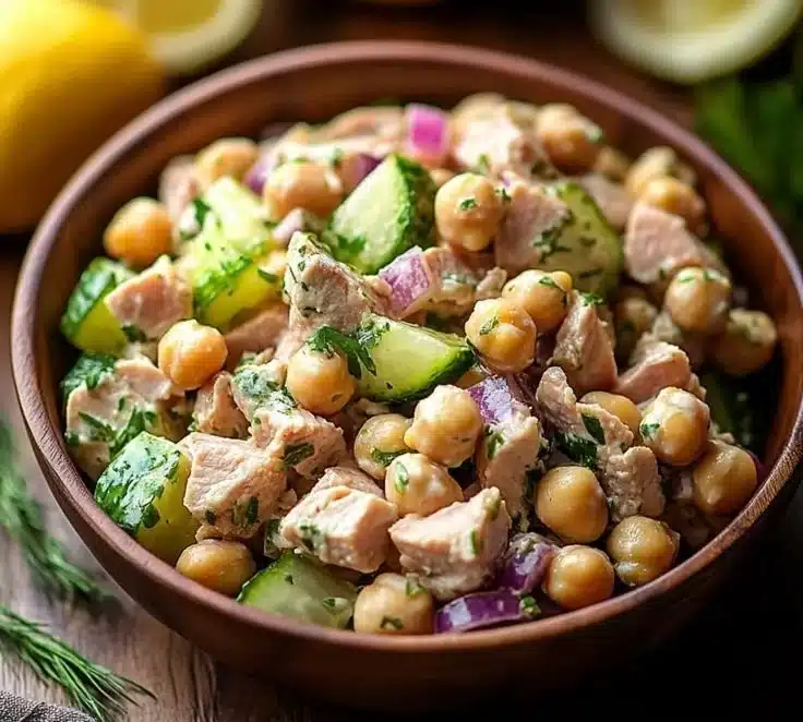 Healthy tuna garbanzo bean salad served in a bowl with fresh ingredients