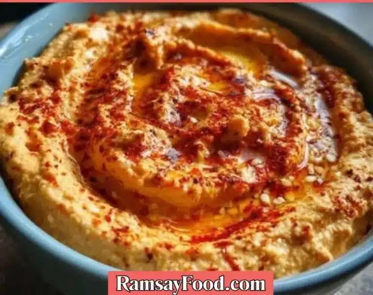 Bowl of delicious roasted red pepper hummus with pita bread and veggies