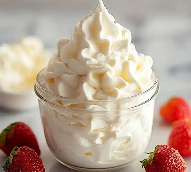 A bowl of classic vanilla whipped cream, perfect for desserts and toppings.