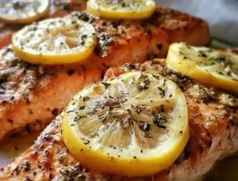 Delicious easy air fryer salmon recipe served with lemon and herbs.