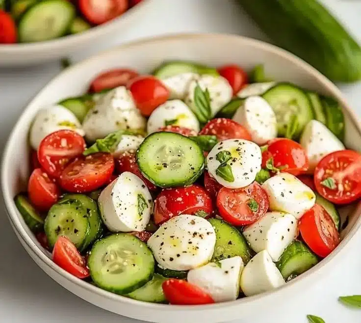 Fresh cucumber caprese salad with tomatoes and mozzarella in a summer setting