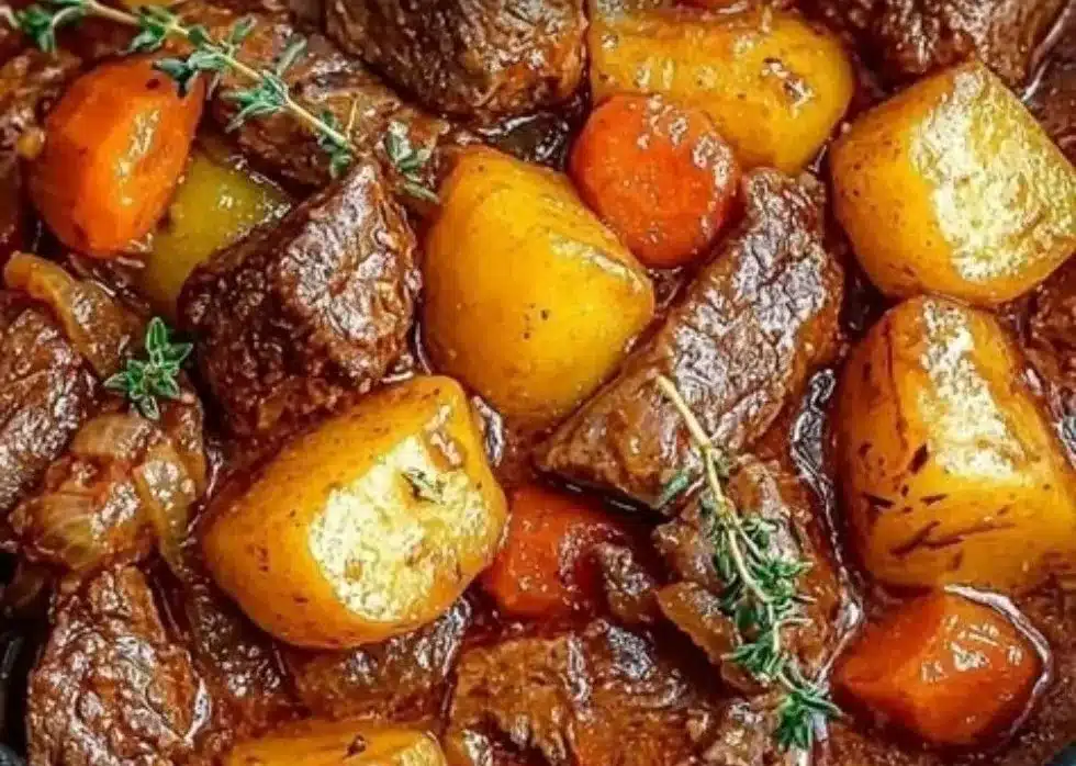 Bowl of easy homemade beef stew with vegetables and herbs