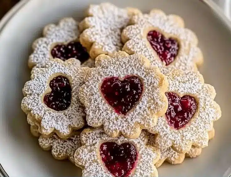 Plate of easy Linzer cookies filled with raspberry jam