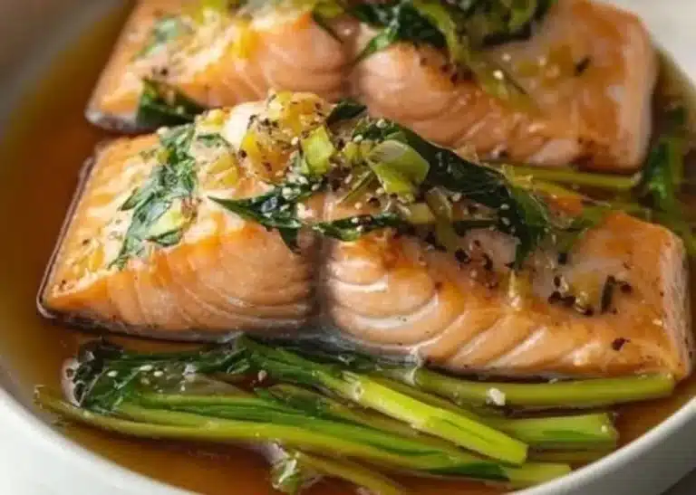 Plate of easy steamed ginger salmon garnished with herbs and lemon slices