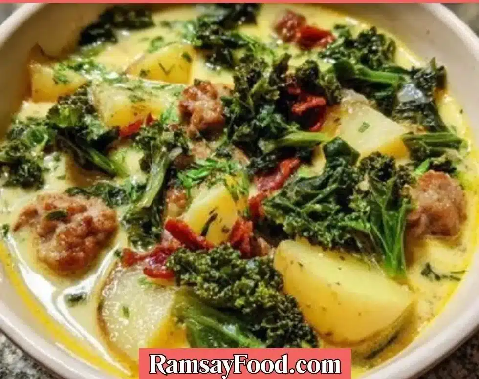 Bowl of easy Tuscan soup with vegetables and herbs