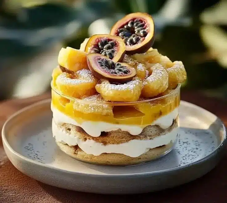 Exotic tiramisu topped with mango passionfruit for a tropical dessert experience