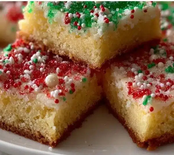 Festive Christmas Sugar Cookie Bars topped with colorful sprinkles