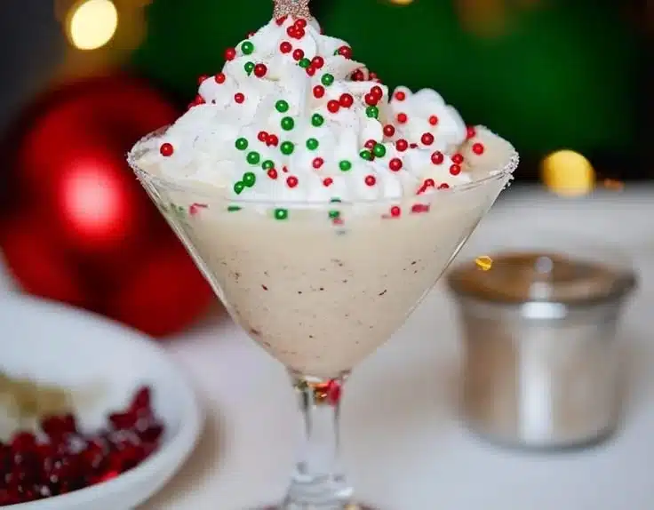 Festive Tinseltini cocktail in a glass with holiday decorations