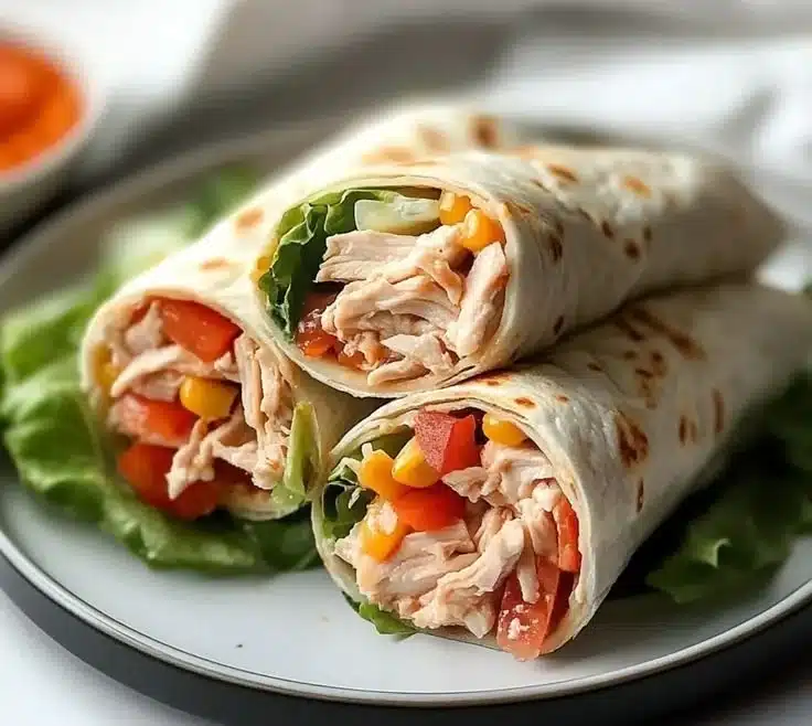 A delicious rotisserie chicken wrap filled with fresh vegetables and sauces.