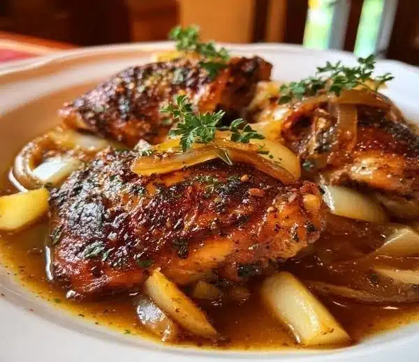 Delicious French apple cider chicken served with herbs and spices.