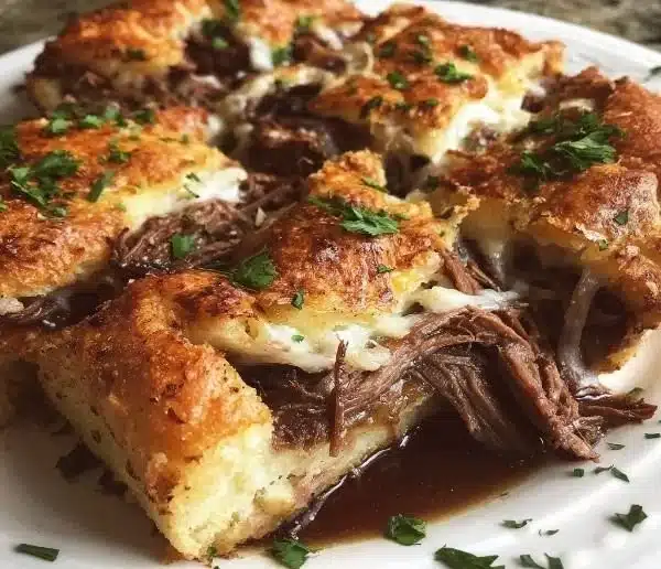 French Dip Squares served with au jus for dipping