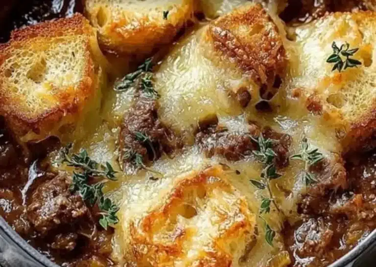 Delicious French Onion Beef Stew with a cheesy bread topping