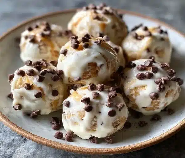 Frozen Greek yogurt peanut butter bites with chocolate chips on a plate