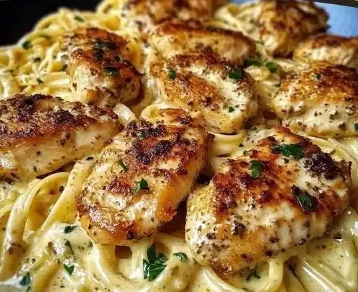 Dish of garlic butter chicken served with linguine in Alfredo sauce