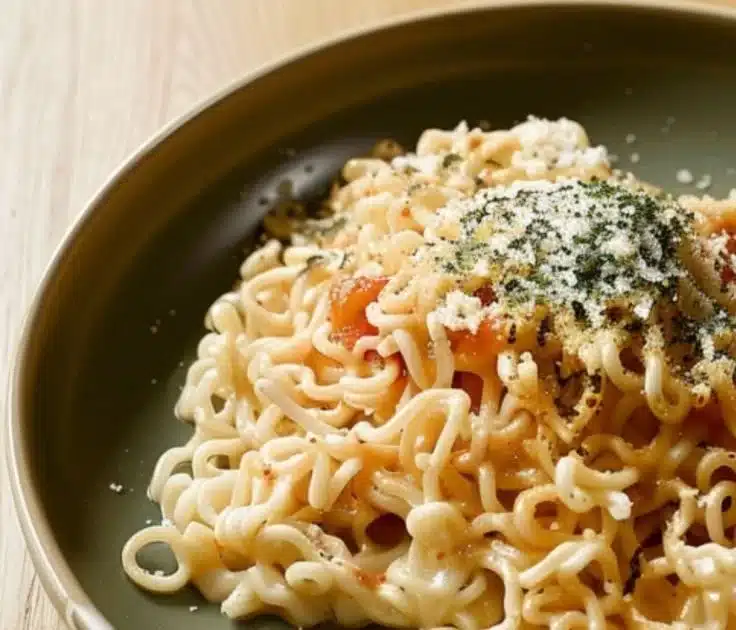 Bowl of rich Garlic Butter Ramen topped with green onions and sesame seeds.