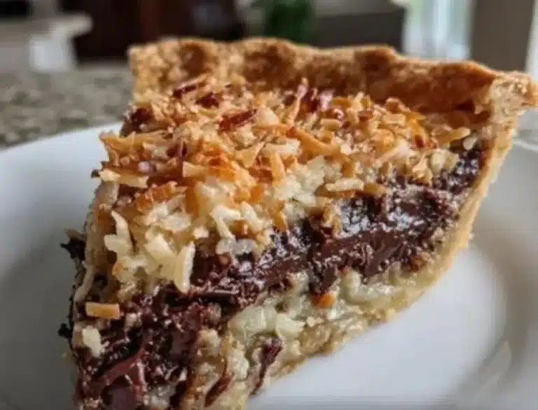 Decadent German Chocolate Pie topped with coconut and pecans.