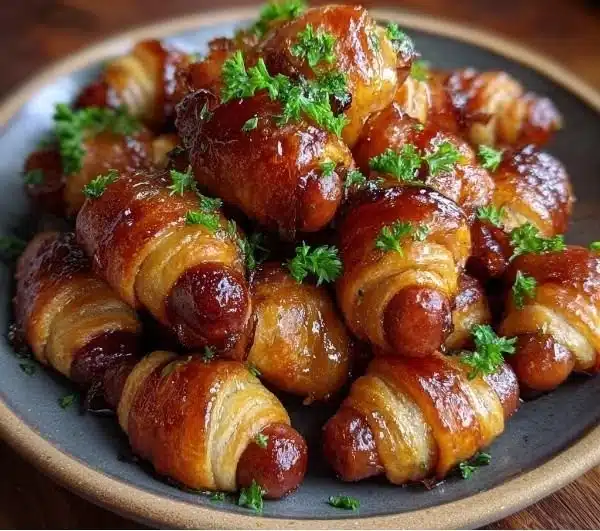 Delicious glazed pigs in a blanket served on a platter
