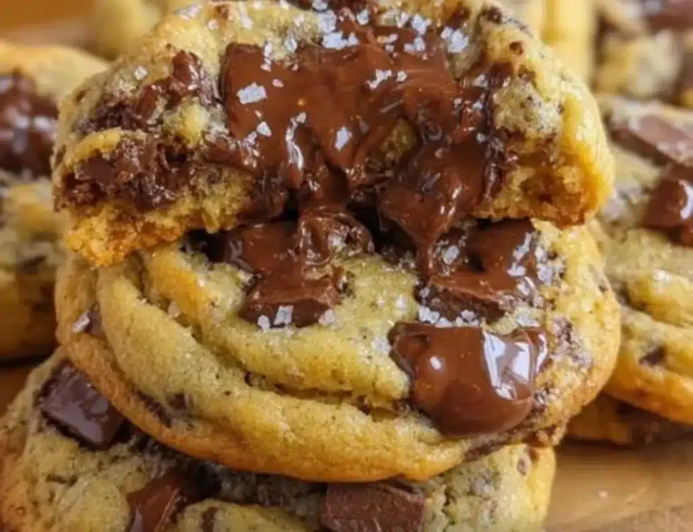 Freshly baked gooey chocolate chip cookies on a tray