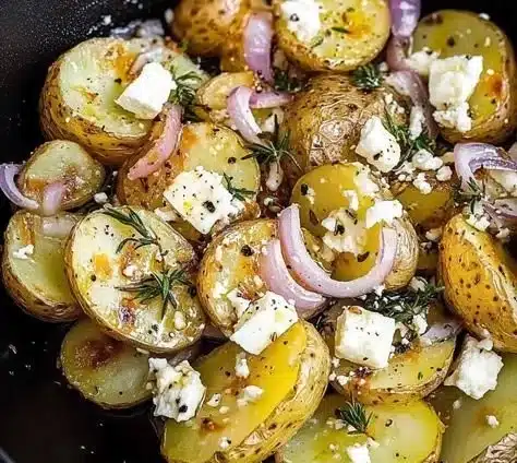 Greek smashed potatoes topped with feta cheese and herbs in a serving dish.
