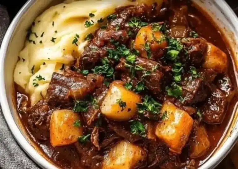 A delicious bowl of Guinness Beef Stew with tender beef and vegetables