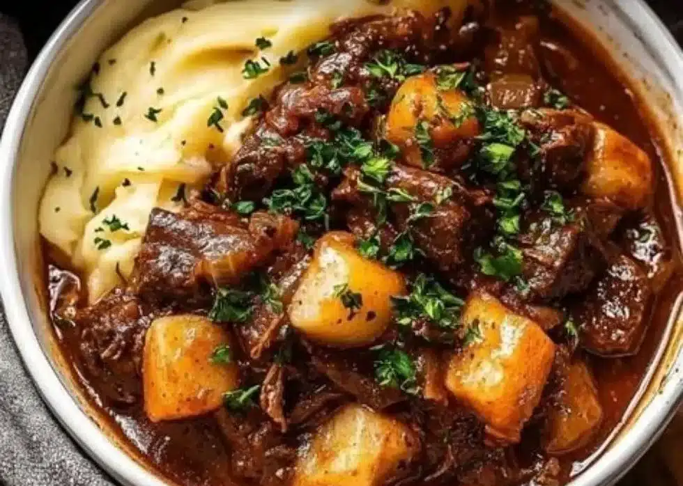 A delicious bowl of Guinness Beef Stew with tender beef and vegetables