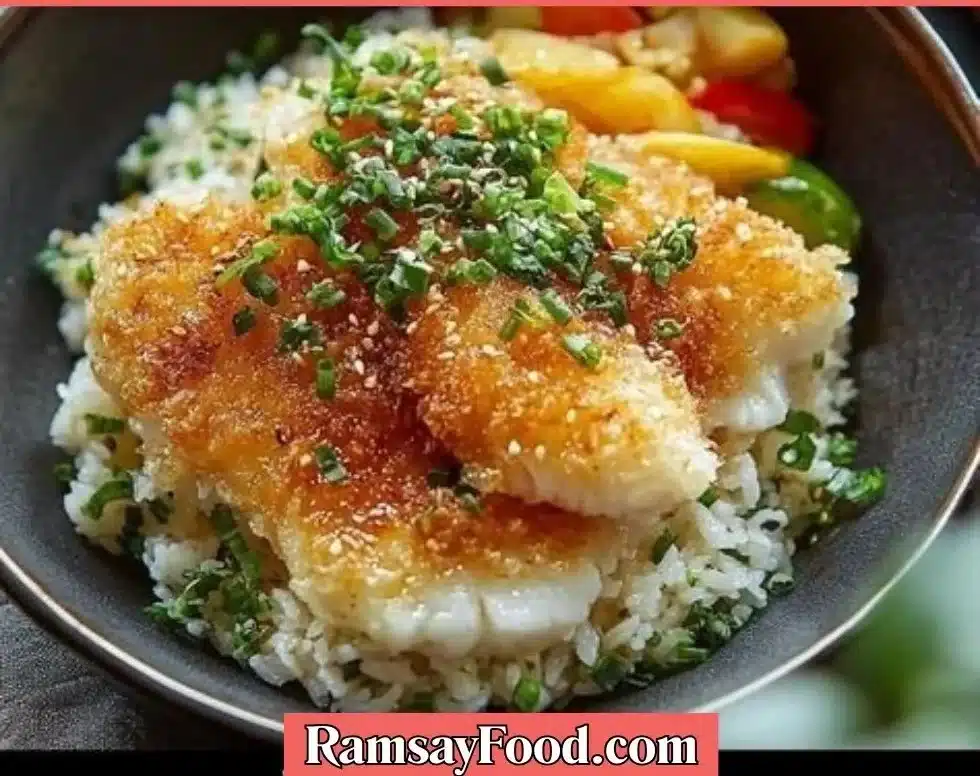 Crispy Halibut Tempura served with dipping sauce and garnishes.