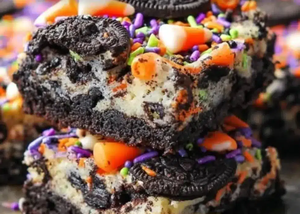 Delicious Halloween Oreo Cake Bars decorated with festive colors and spooky toppings