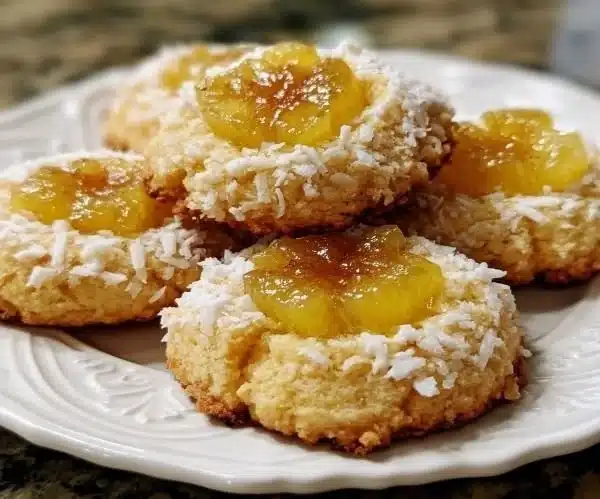 Hawaiian pineapple coconut thumbprint cookies on a plate