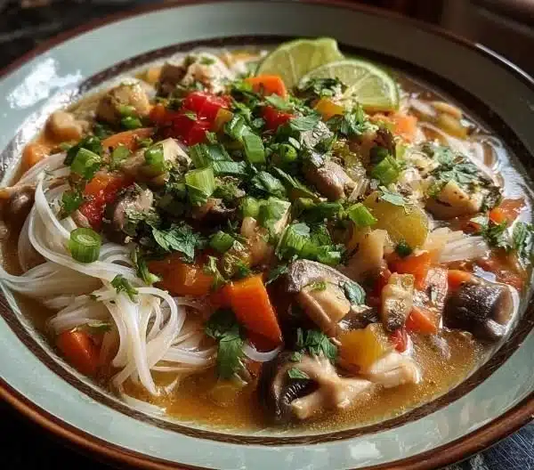 Healing bowl of Ginger Garlic Broth with Rice Noodles garnished with herbs