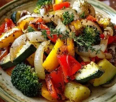 A colorful plate of healthy sautéed vegetables, showcasing a variety of fresh ingredients.