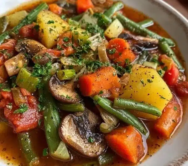 Bowl of hearty Irish vegetarian stew with fresh vegetables and herbs