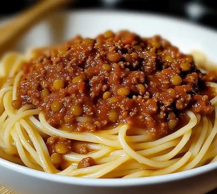 Bowl of hearty lentil bolognese garnished with fresh herbs and served with pasta.
