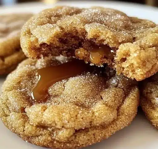 Delicious brown sugar cinnamon caramel cookies stacked on a plate.