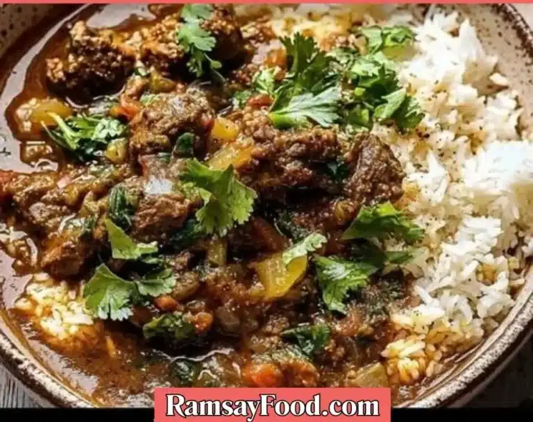 Delicious homemade herb and beef stew simmering in a pot