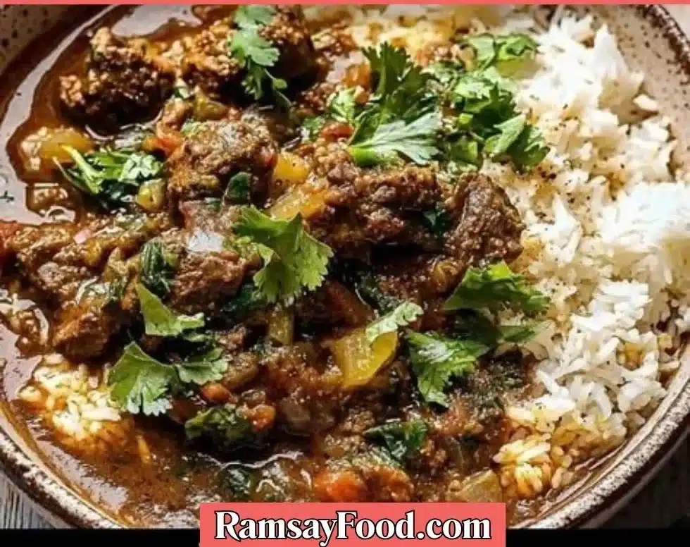 Delicious homemade herb and beef stew simmering in a pot