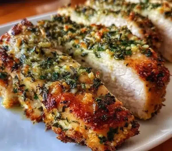 Herb-crusted turkey breast with garlic served on a platter
