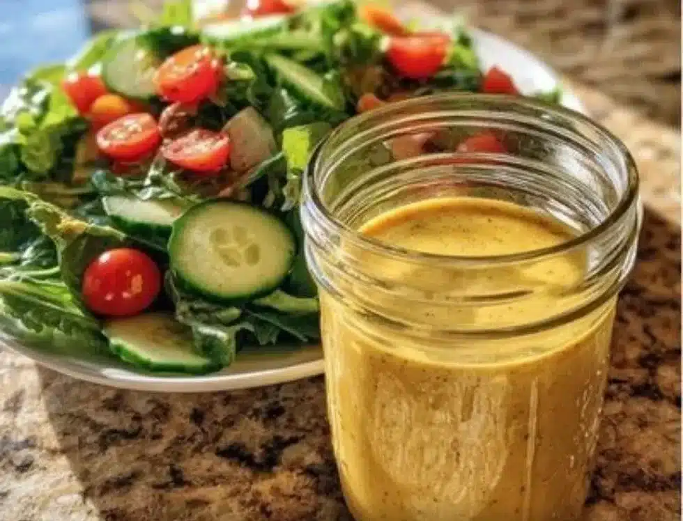 Bowl of homemade honey mustard dressing with fresh ingredients.
