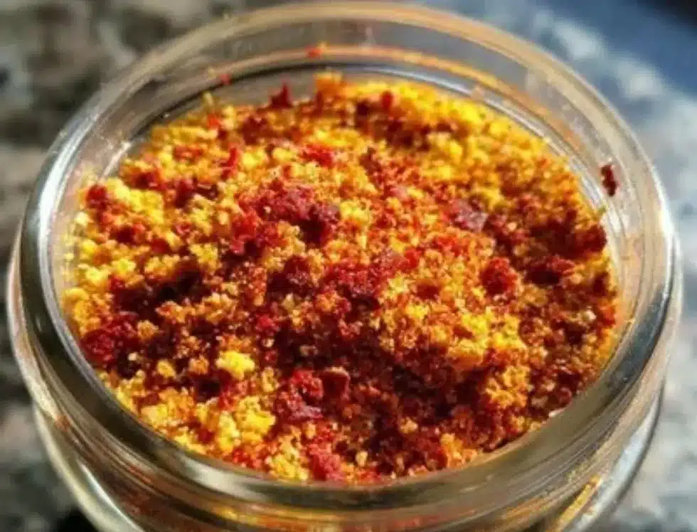 Homemade Old Bay Seasoning in a small glass jar with spices
