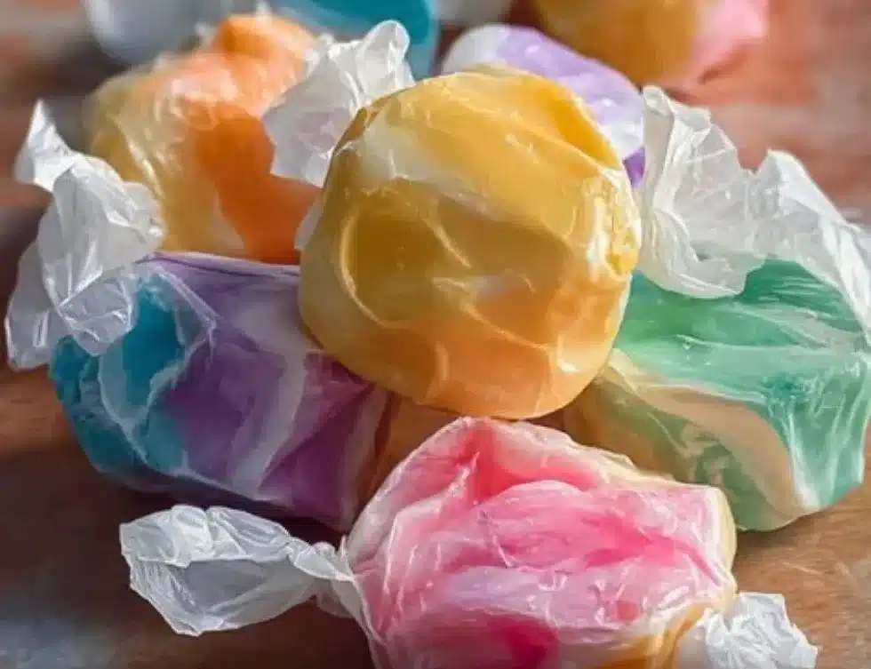 Delicious homemade saltwater taffy in various flavors.