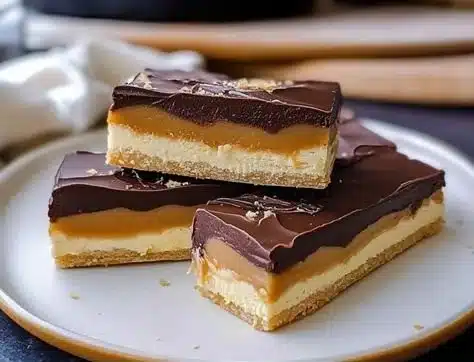 Homemade Twix Bars with chocolate and caramel stacked on a plate