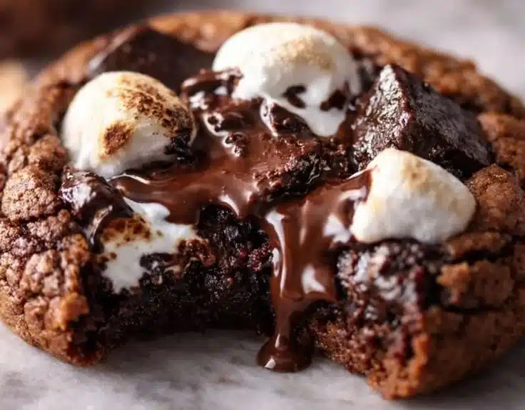 Delicious hot chocolate cookies topped with marshmallows, freshly baked.