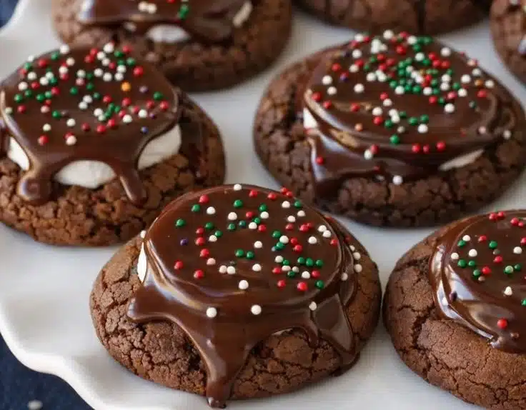 Delicious hot cocoa cookies topped with marshmallows and chocolate drizzle.