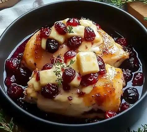 Plate of impressive cranberry brie stuffed chicken garnished with herbs.