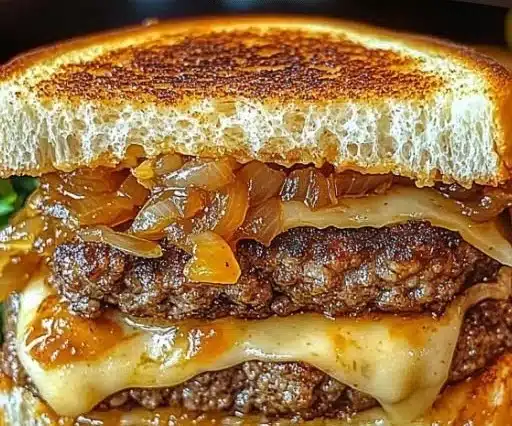 Delicious patty melt served with secret sauce on toasted bread.