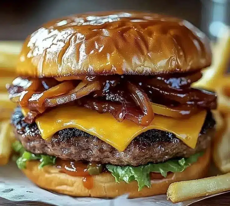 Delicious smash burger topped with crispy bacon and cheddar cheese