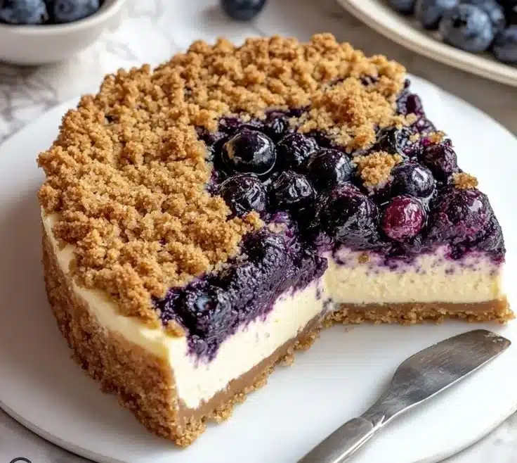 Irresistibly creamy blueberry crumble cheesecake topped with crunchy crumble
