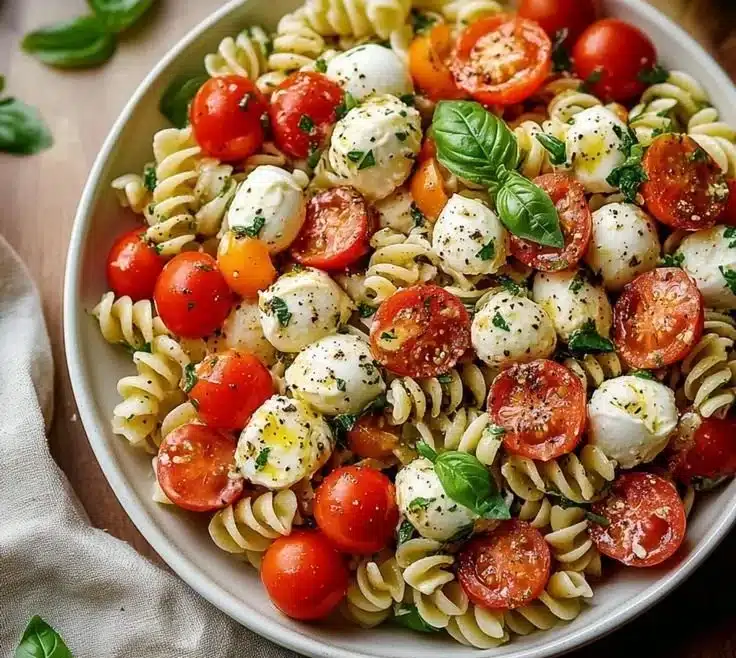 Creamy Caprese Pasta Salad fresh with mozzarella, tomatoes, and basil