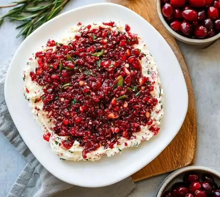 Creamy cranberry jalapeno cream cheese dip served in a white bowl