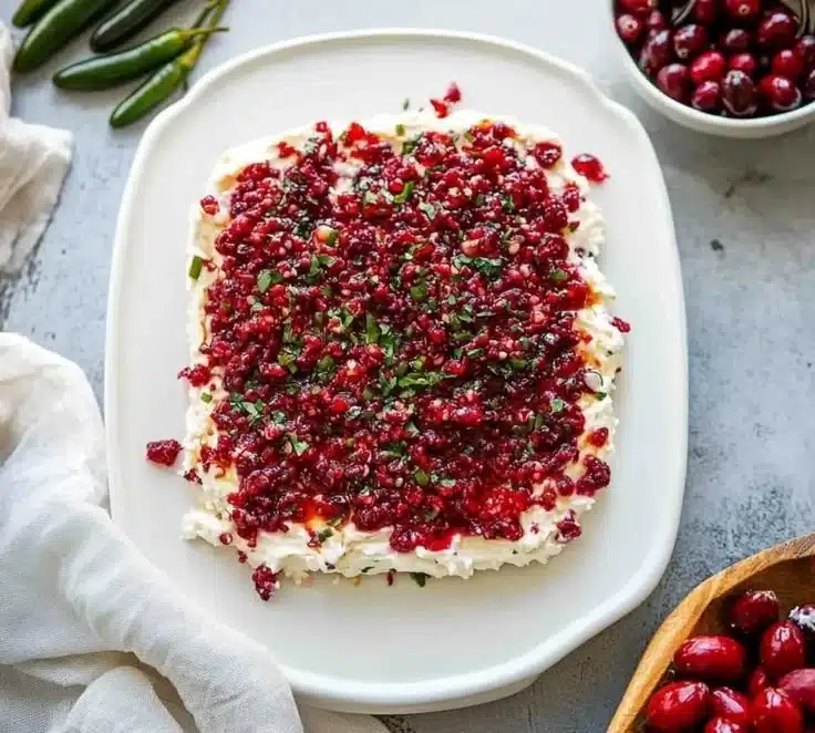 Creamy cranberry jalapeno cream cheese dip served with crackers and vegetables