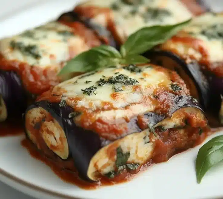 Creamy healthy eggplant rollatini topped with cheese and fresh herbs